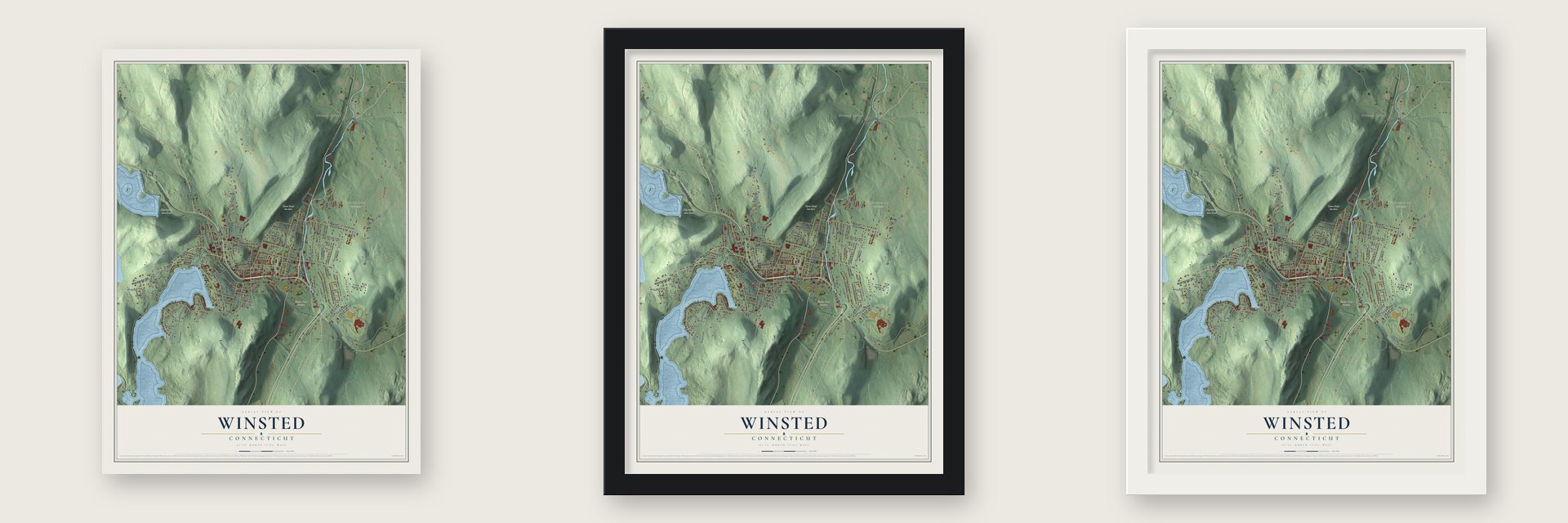 Winsted, Connecticut map unframed, in a black wood frame and in a white wood frame