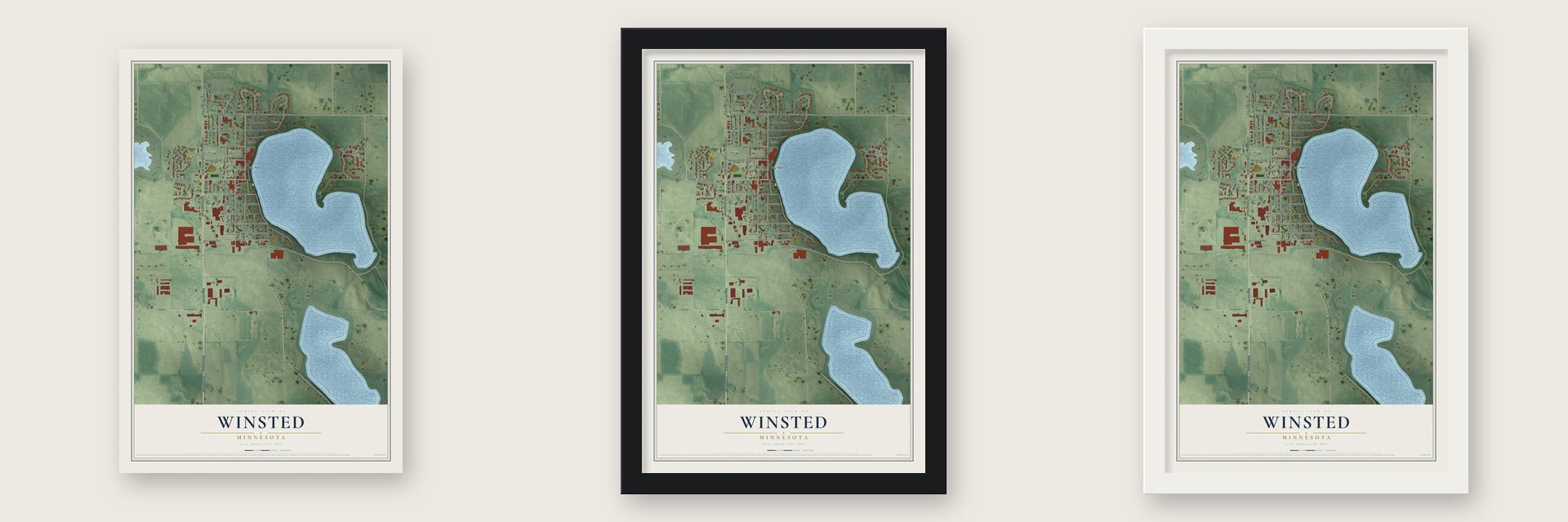 Winsted, Minnesota map unframed, in a black wood frame and in a white wood frame