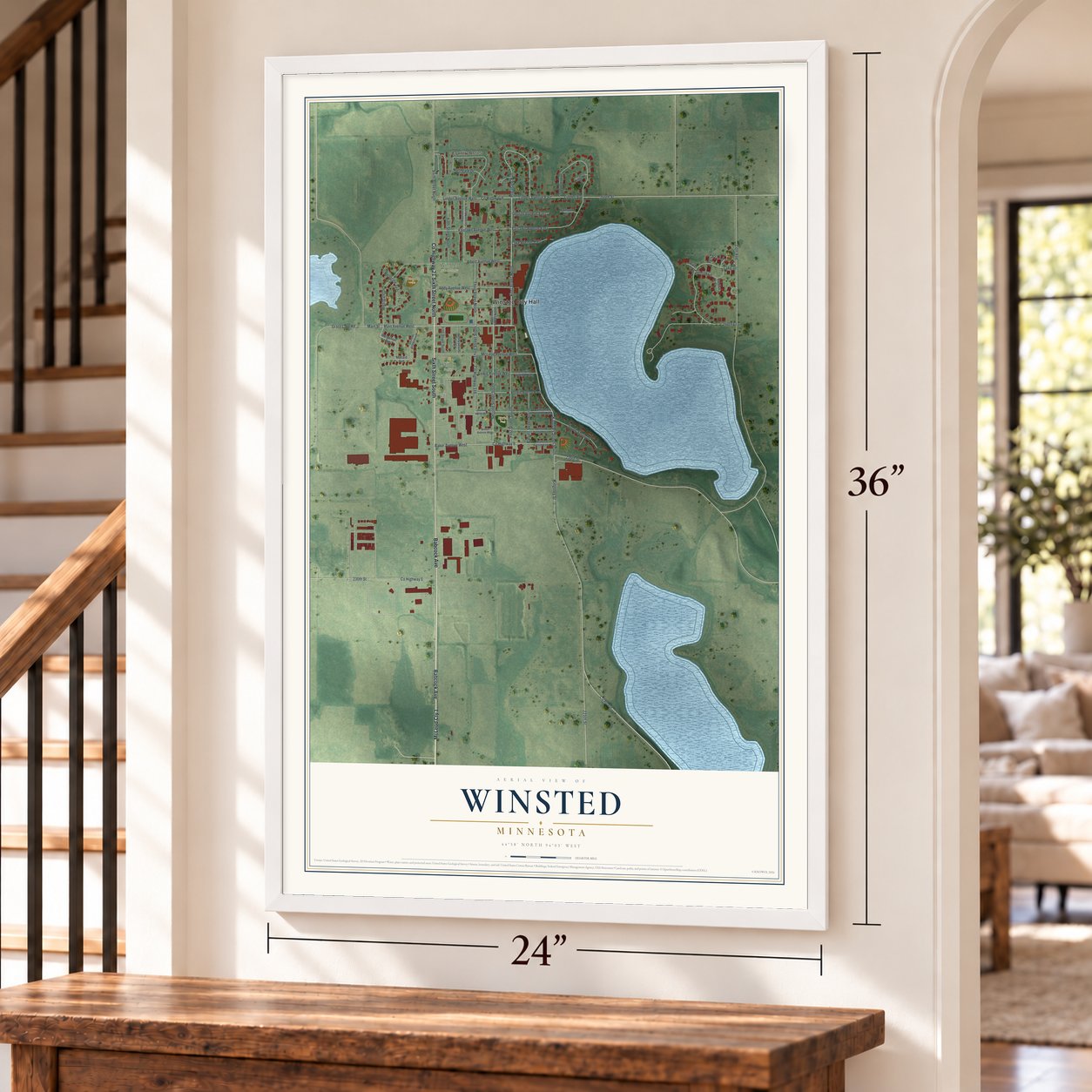 Winsted, Minnesota map, 24 x 36 inch print in a white frame by a staircase