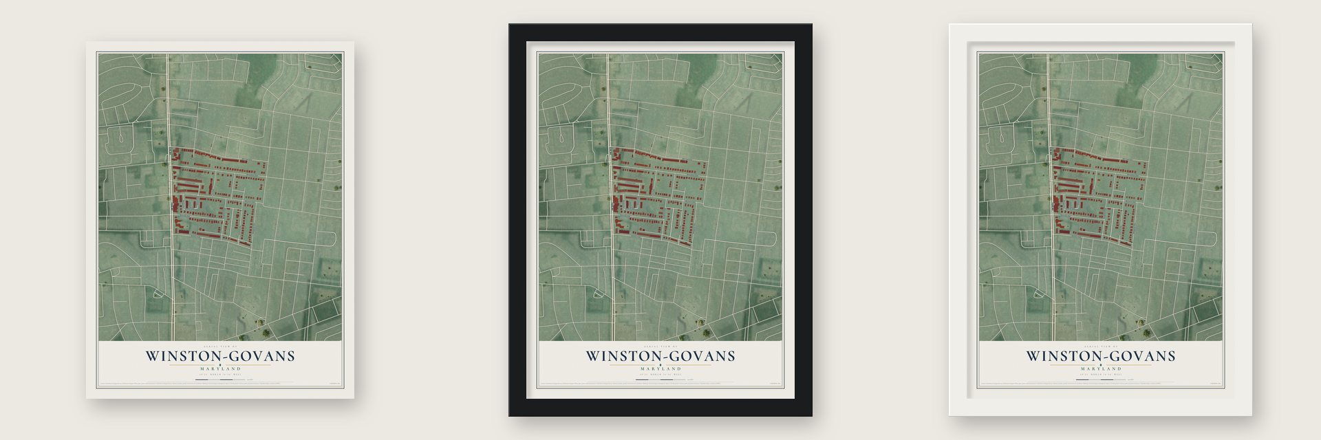 Winston-Govans, Maryland map unframed, in a black wood frame and in a white wood frame