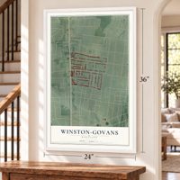 Winston-Govans, Maryland map, 24 x 36 inch print in a white frame by a staircase