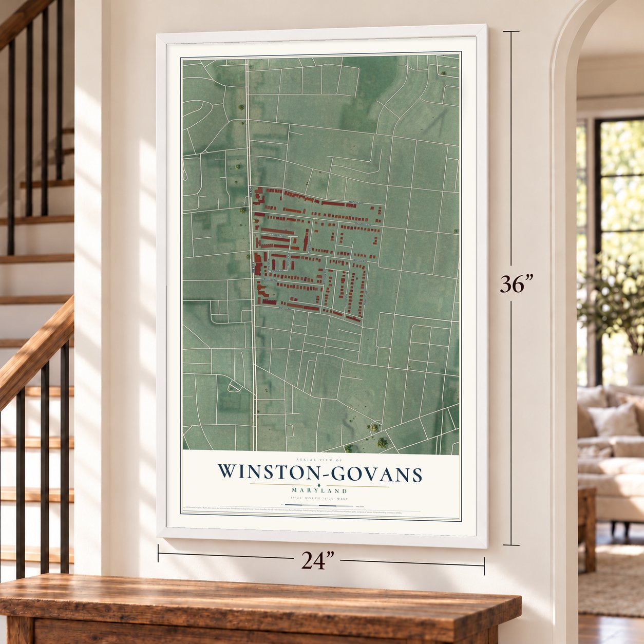 Winston-Govans, Maryland map, 24 x 36 inch print in a white frame by a staircase