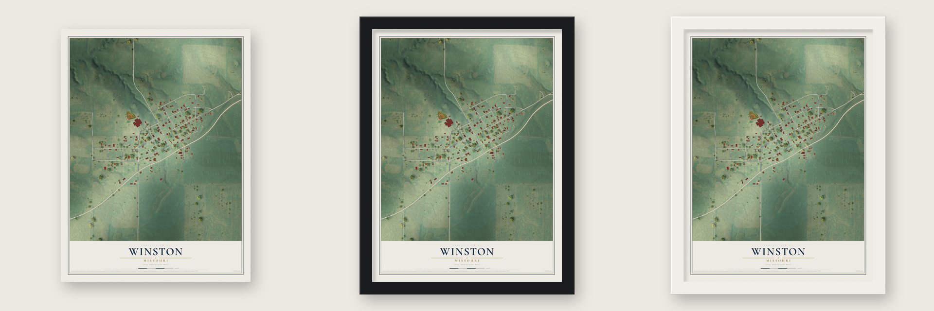 Winston, Missouri map unframed, in a black wood frame and in a white wood frame