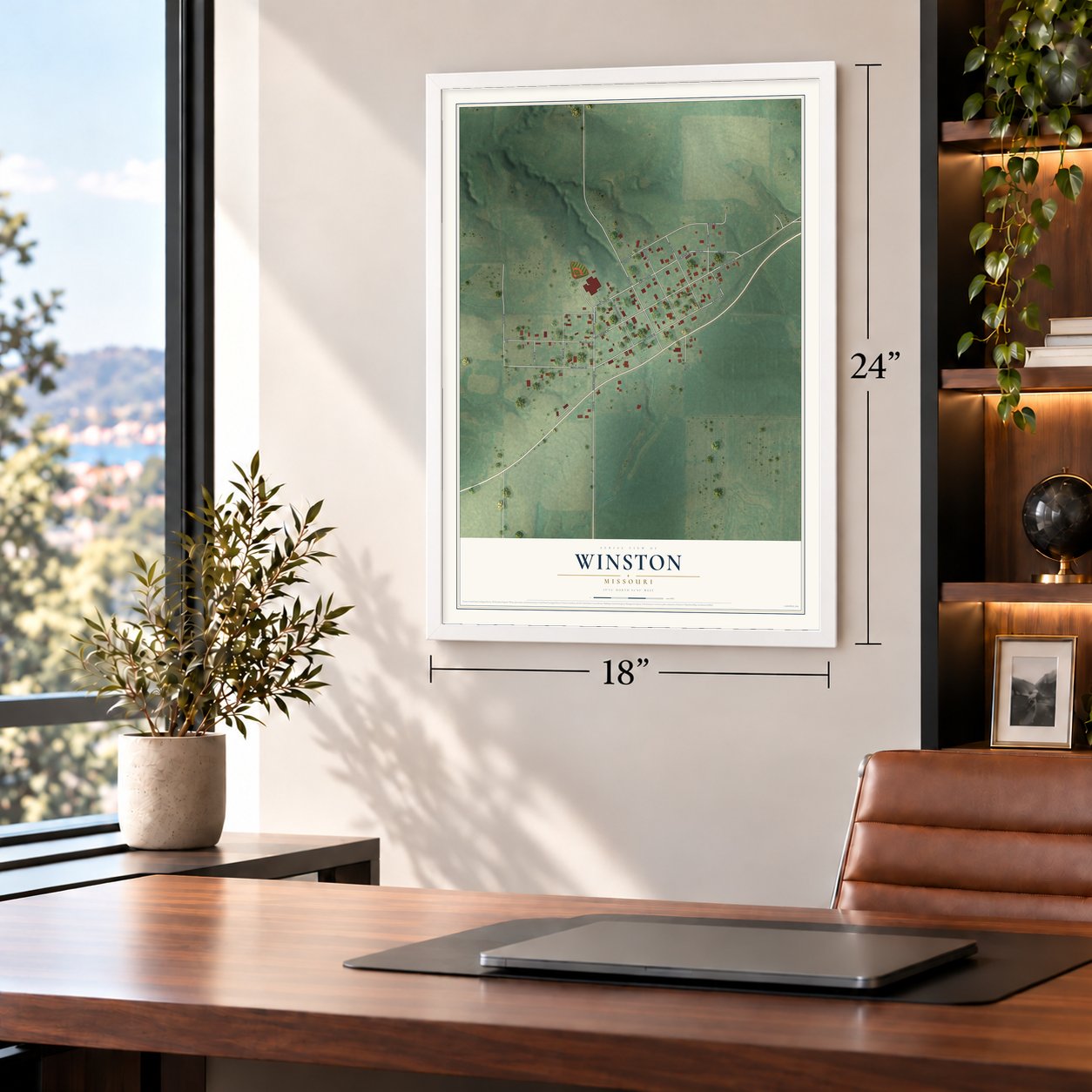 Winston, Missouri map, 18 x 24 inch print in a white frame in a home office