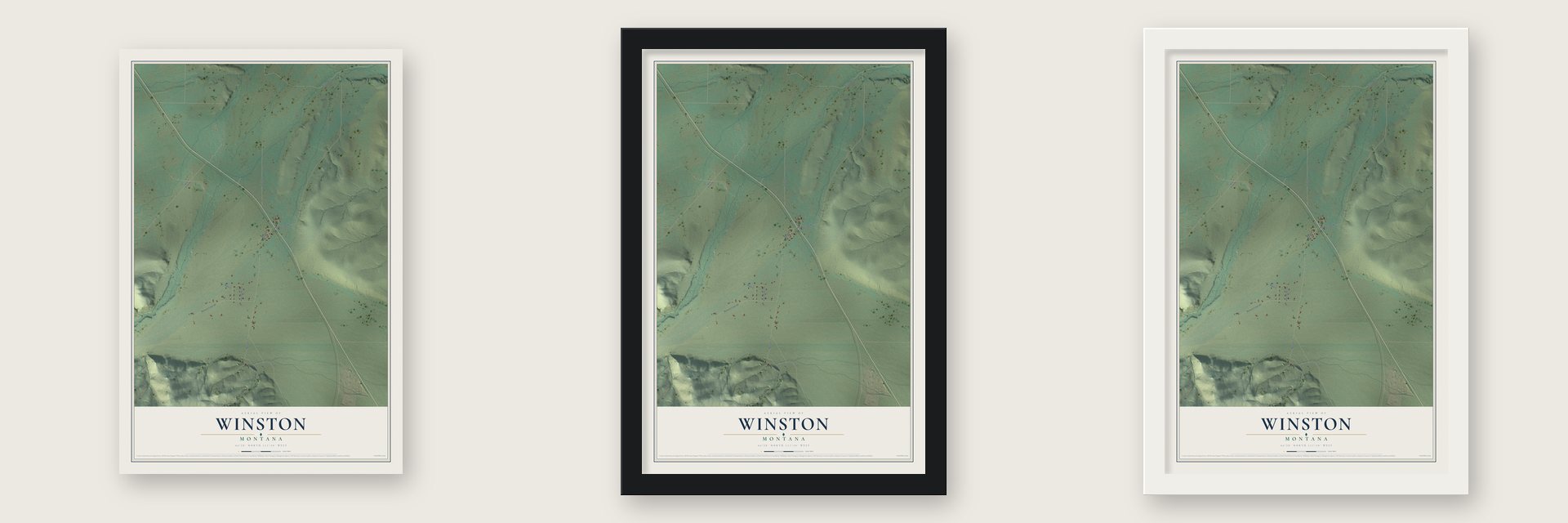 Winston, Montana map unframed, in a black wood frame and in a white wood frame