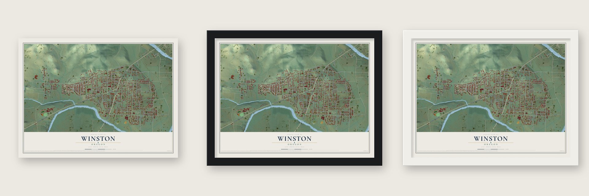 Winston, Oregon map unframed, in a black wood frame and in a white wood frame