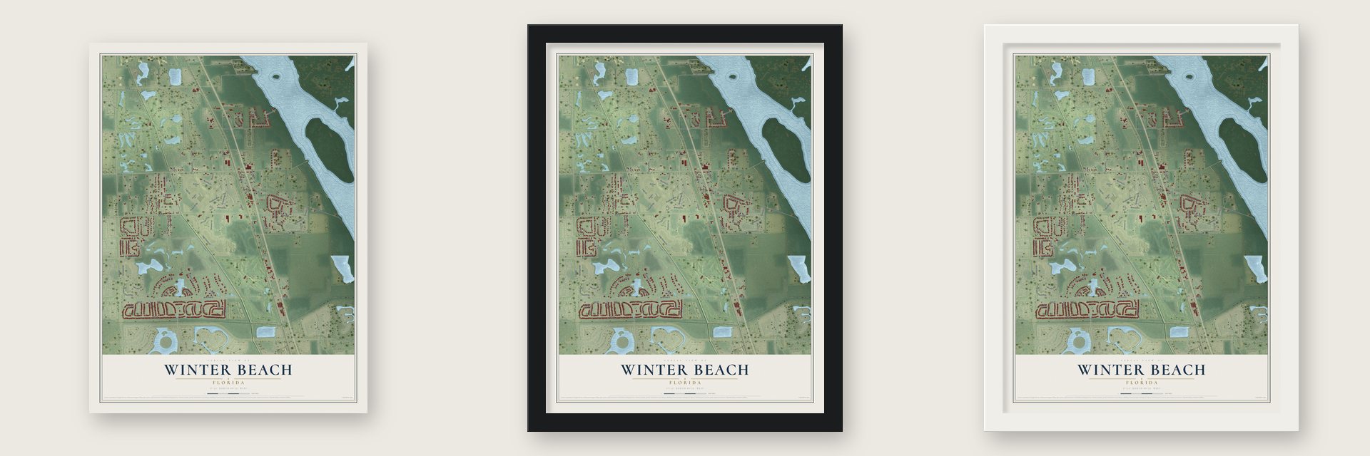 Winter Beach, Florida map unframed, in a black wood frame and in a white wood frame
