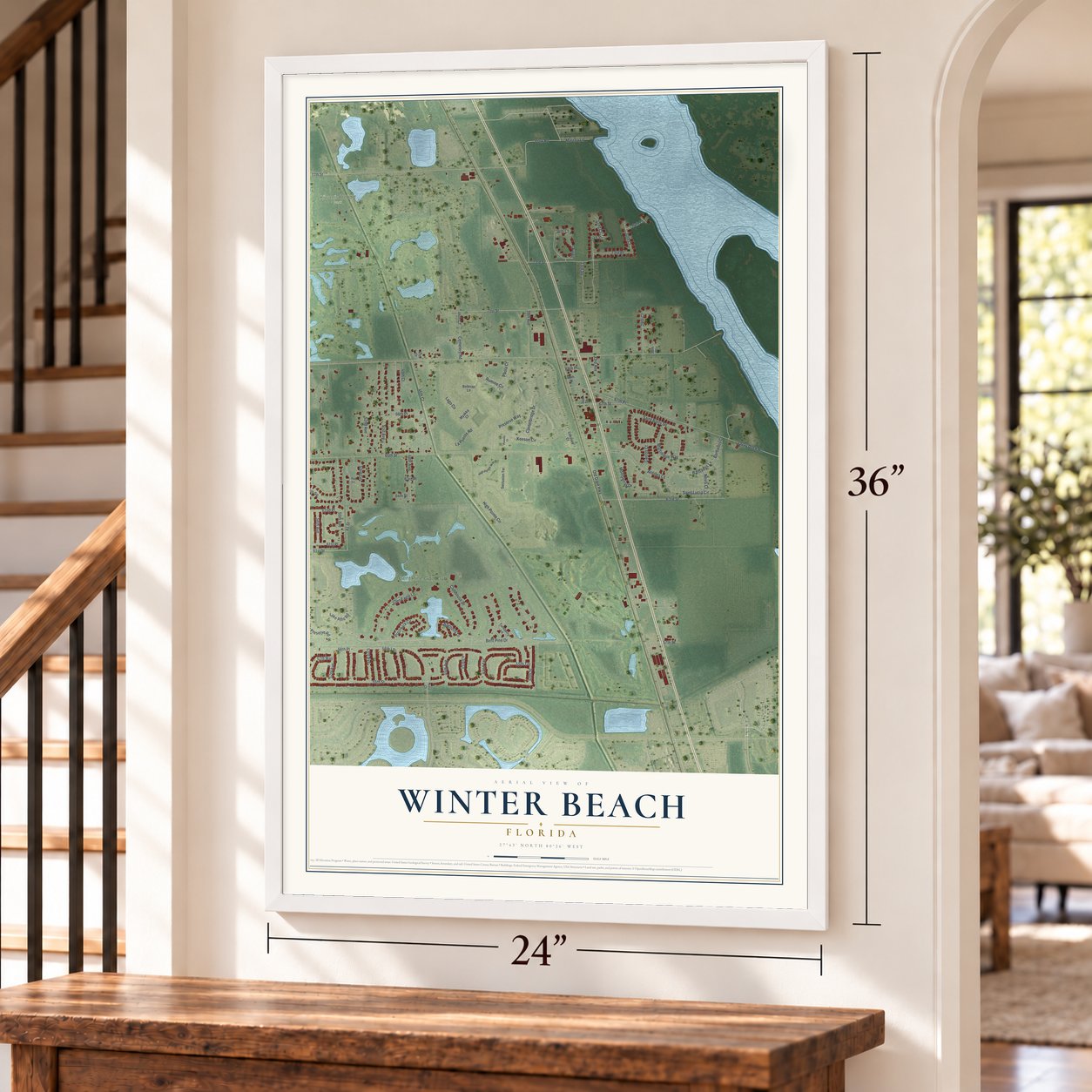 Winter Beach, Florida map, 24 x 36 inch print in a white frame by a staircase
