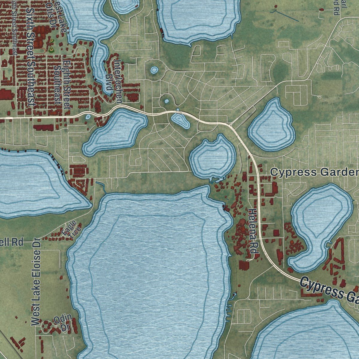 Second close-up of the map of Winter Haven, Florida print showing more streets and buildings