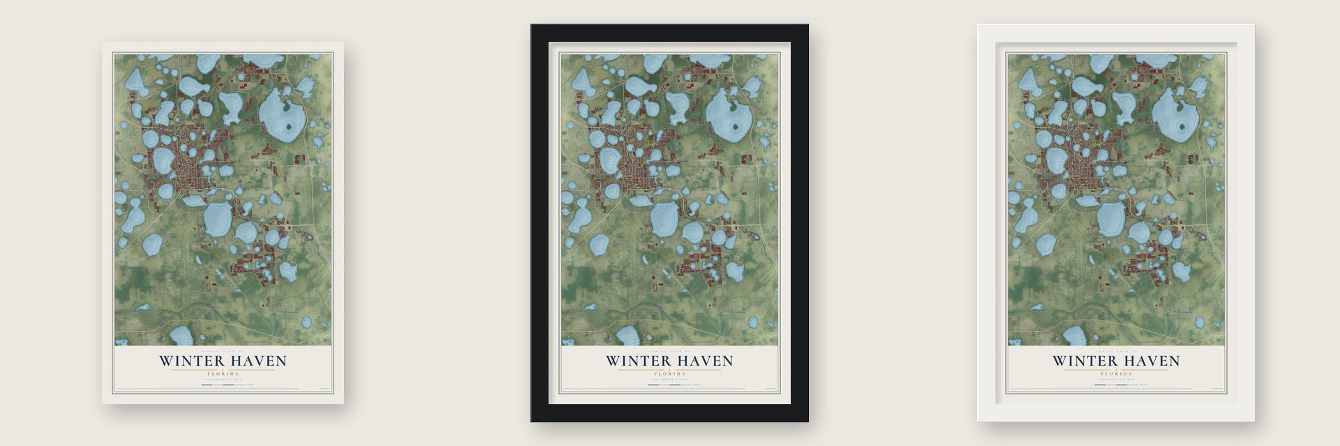Winter Haven, Florida map unframed, in a black wood frame and in a white wood frame