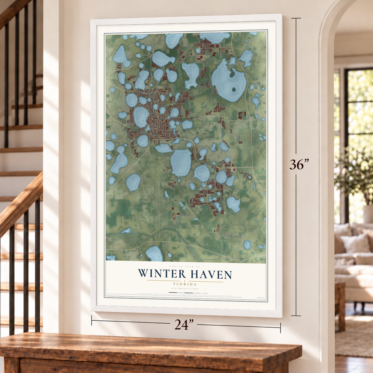 Winter Haven, Florida map, 24 x 36 inch print in a white frame by a staircase