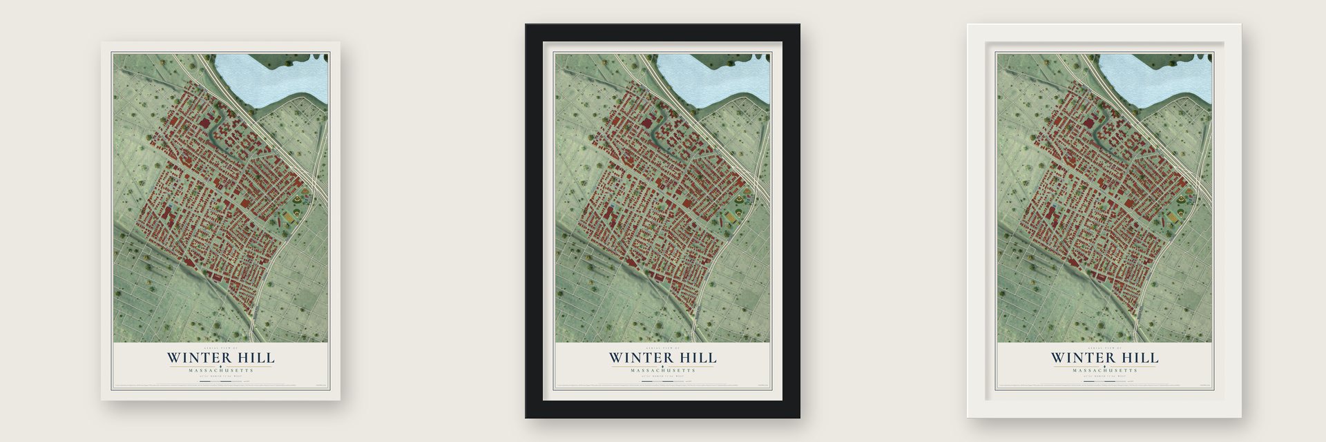Winter Hill, Massachusetts map unframed, in a black wood frame and in a white wood frame