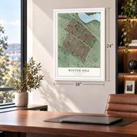 Winter Hill, Massachusetts map, 18 x 24 inch print in a white frame in a home office