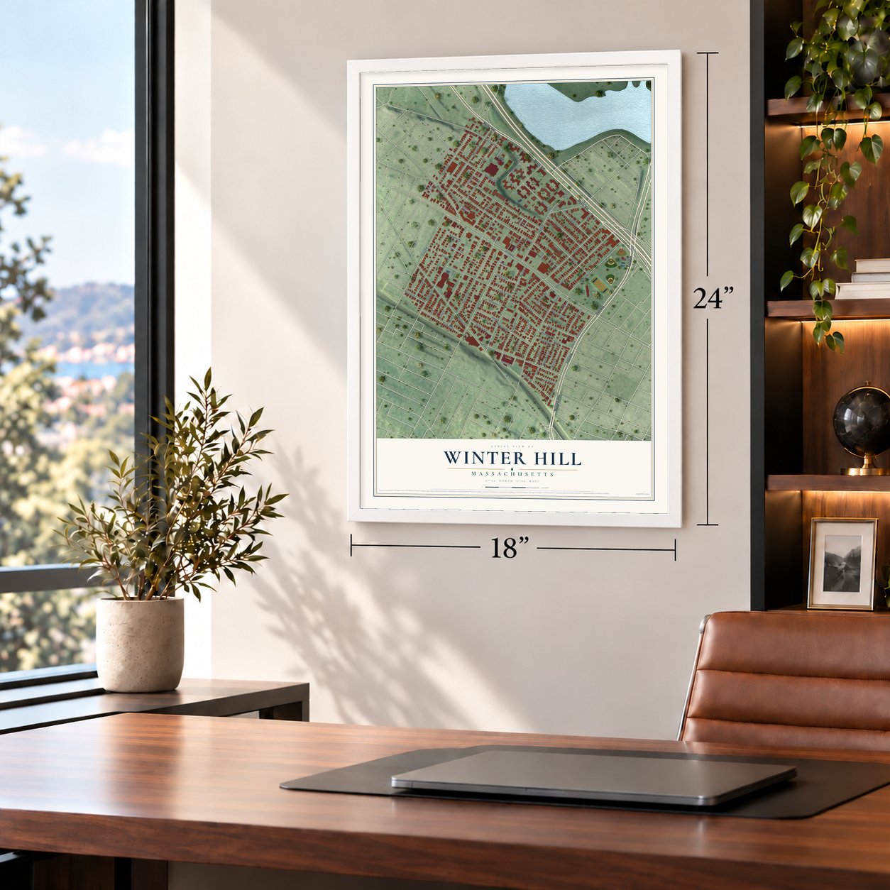 Winter Hill, Massachusetts map, 18 x 24 inch print in a white frame in a home office