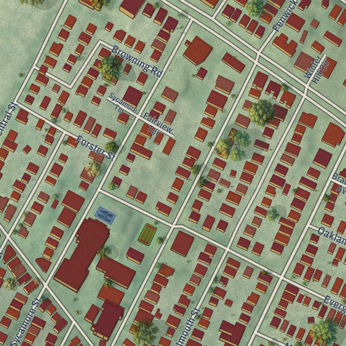 Second close-up of the map of Winter Hill, Massachusetts print showing more streets and buildings