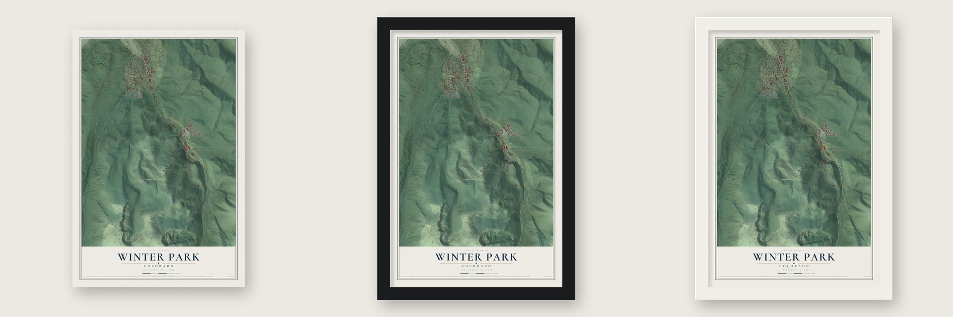 Winter Park, Colorado map unframed, in a black wood frame and in a white wood frame