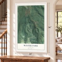 Winter Park, Colorado map, 24 x 36 inch print in a white frame by a staircase