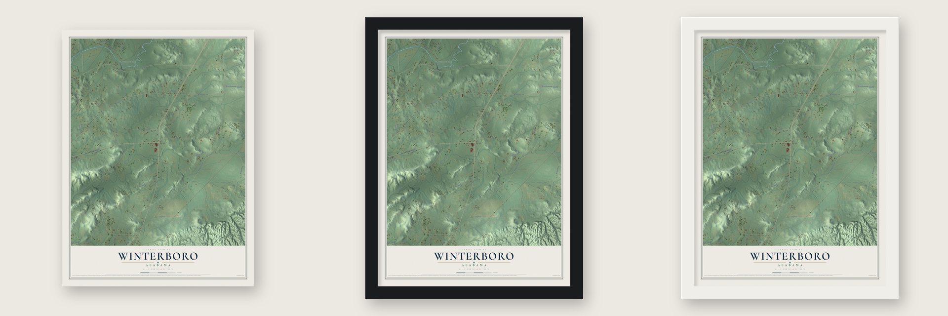 Winterboro, Alabama map unframed, in a black wood frame and in a white wood frame