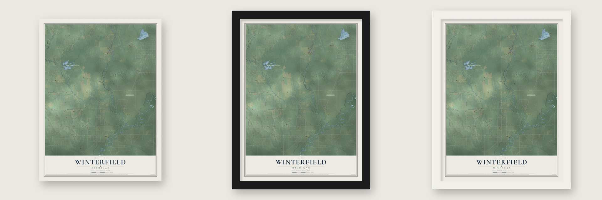 Winterfield, Michigan map unframed, in a black wood frame and in a white wood frame