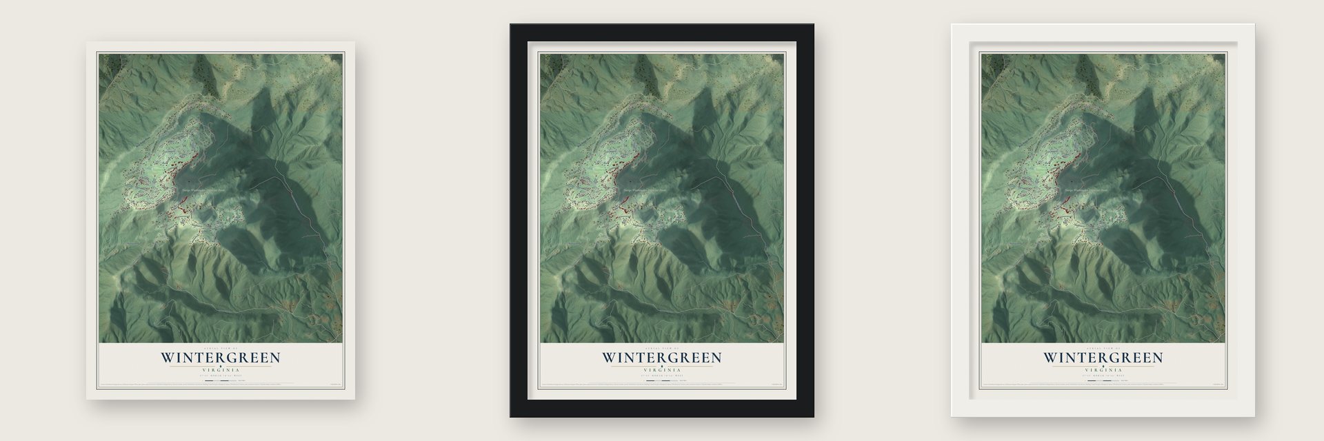 Wintergreen, Virginia map unframed, in a black wood frame and in a white wood frame