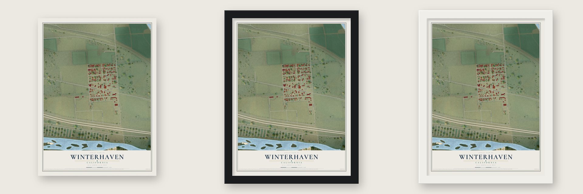 Winterhaven, California map unframed, in a black wood frame and in a white wood frame
