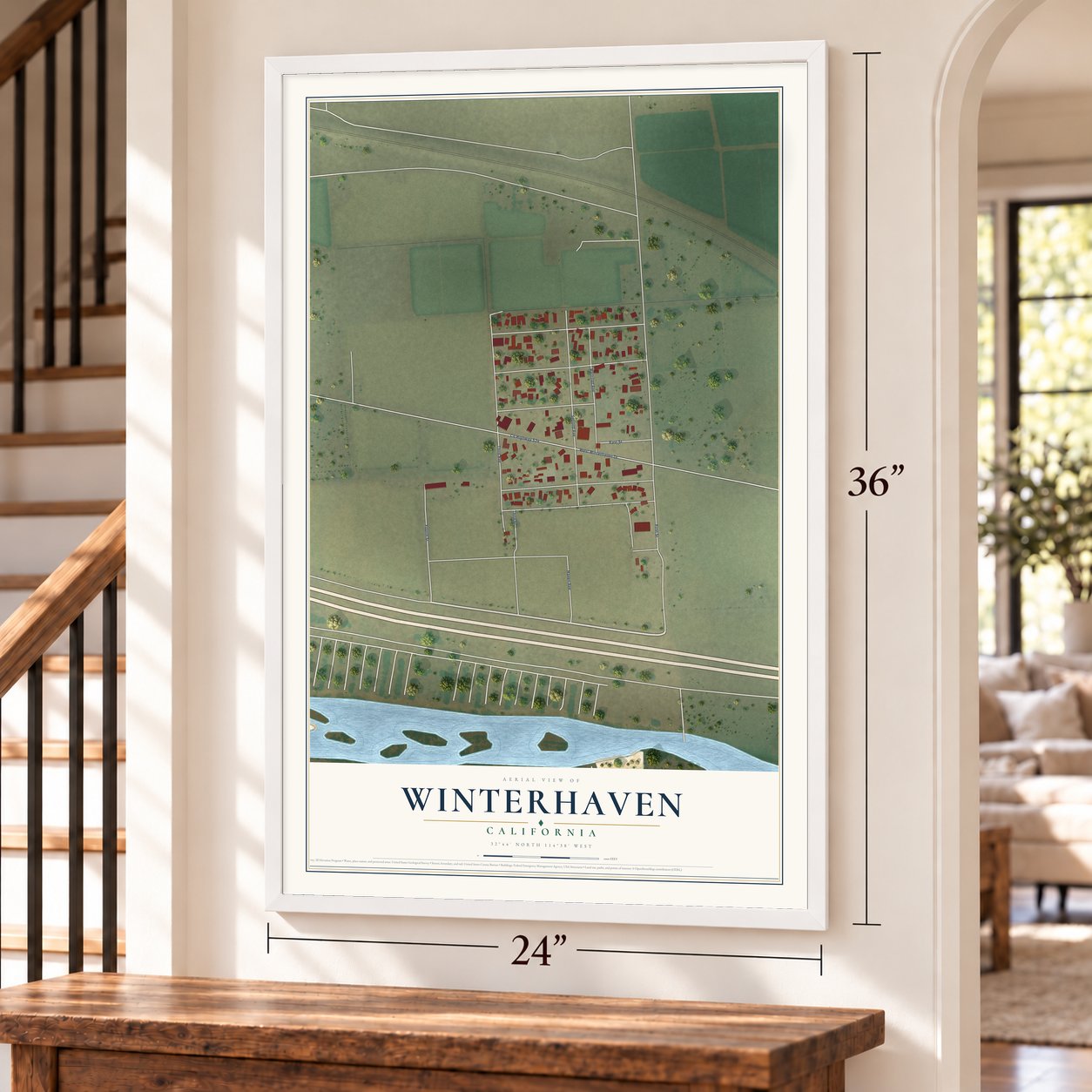 Winterhaven, California map, 24 x 36 inch print in a white frame by a staircase