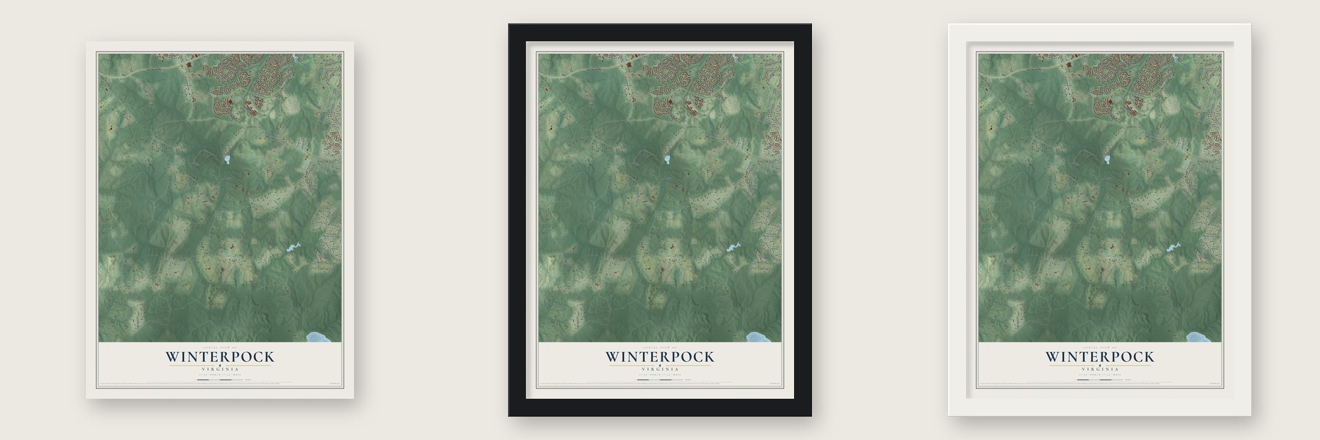 Winterpock, Virginia map unframed, in a black wood frame and in a white wood frame