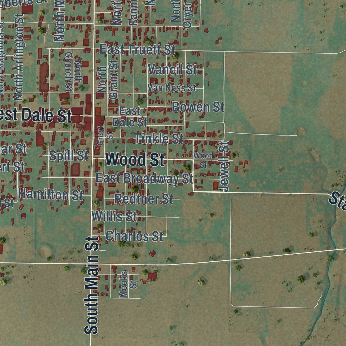 Second close-up of the map of Winters, Texas print showing more streets and buildings