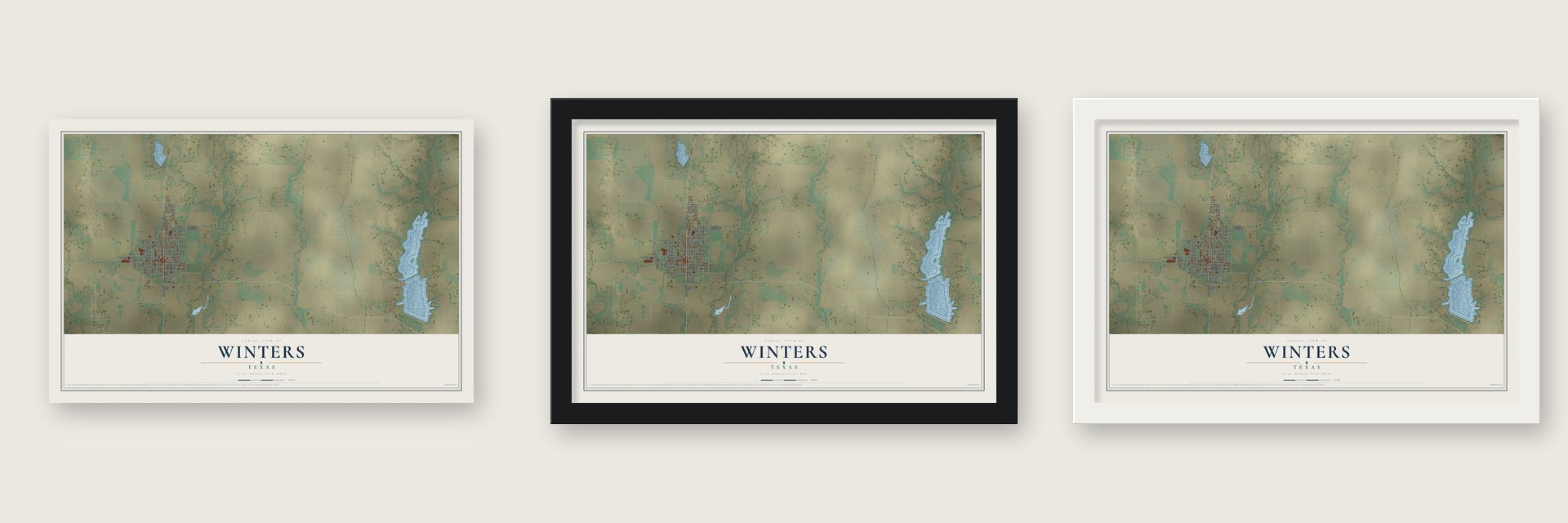 Winters, Texas map unframed, in a black wood frame and in a white wood frame