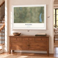 Winters, Texas map, 24 x 36 inch print in a white frame above a dresser by a staircase