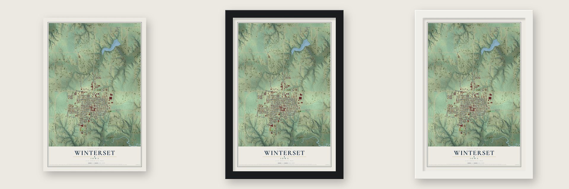 Winterset, Iowa map unframed, in a black wood frame and in a white wood frame