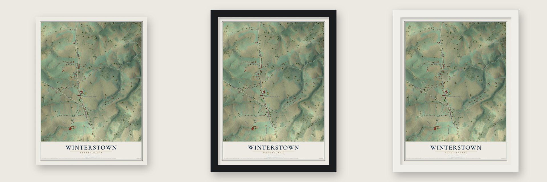 Winterstown, Pennsylvania map unframed, in a black wood frame and in a white wood frame