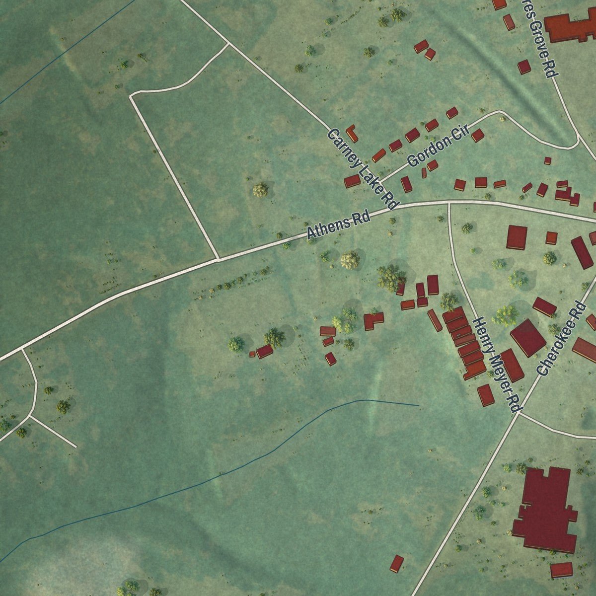 Second close-up of the map of Winterville, Georgia print showing more streets and buildings