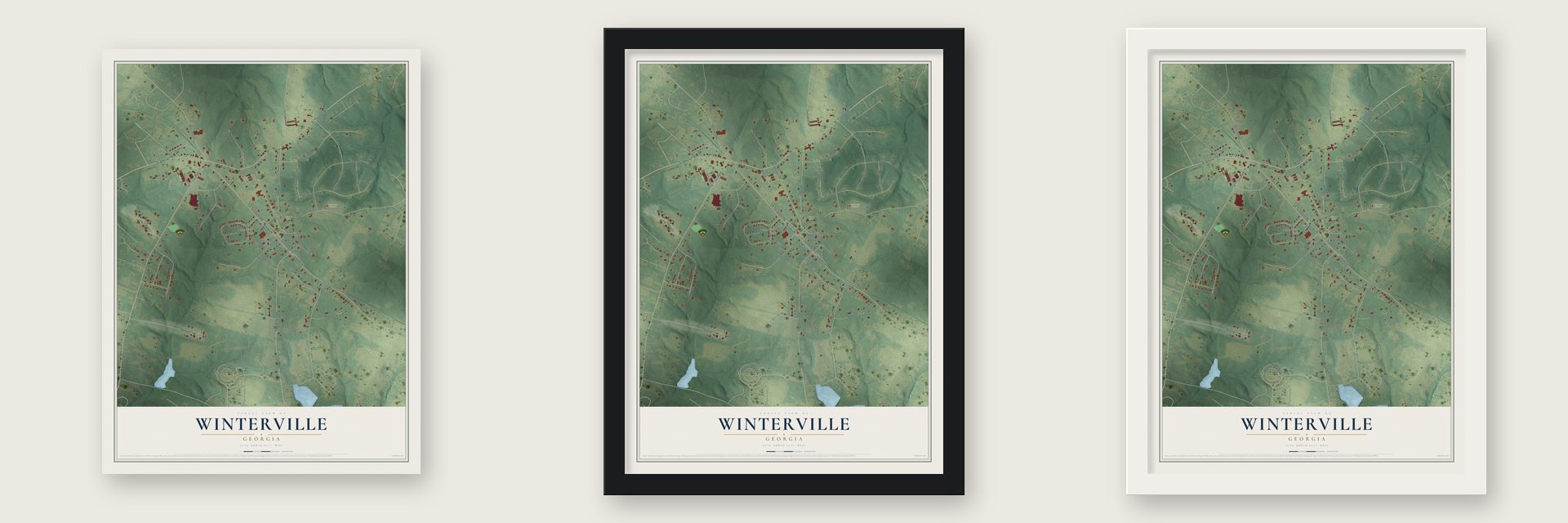 Winterville, Georgia map unframed, in a black wood frame and in a white wood frame