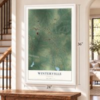 Winterville, Georgia map, 24 x 36 inch print in a white frame by a staircase