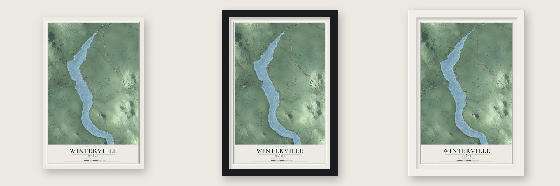 Winterville, Maine map unframed, in a black wood frame and in a white wood frame