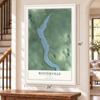 Winterville, Maine map, 24 x 36 inch print in a white frame by a staircase