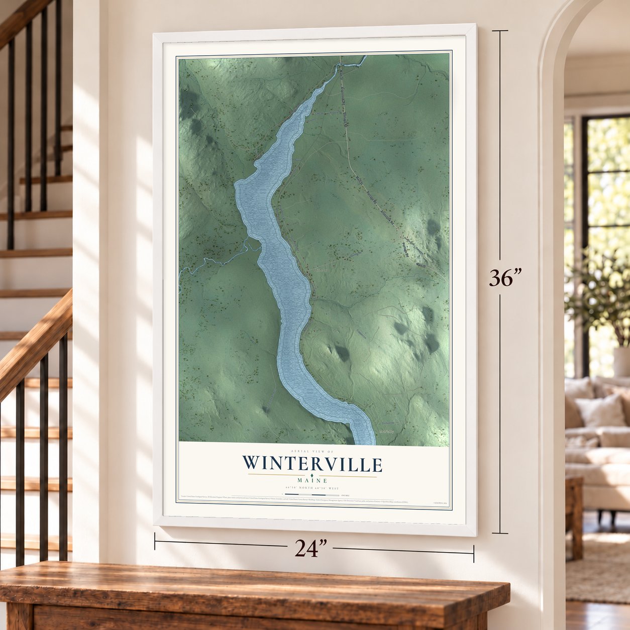 Winterville, Maine map, 24 x 36 inch print in a white frame by a staircase