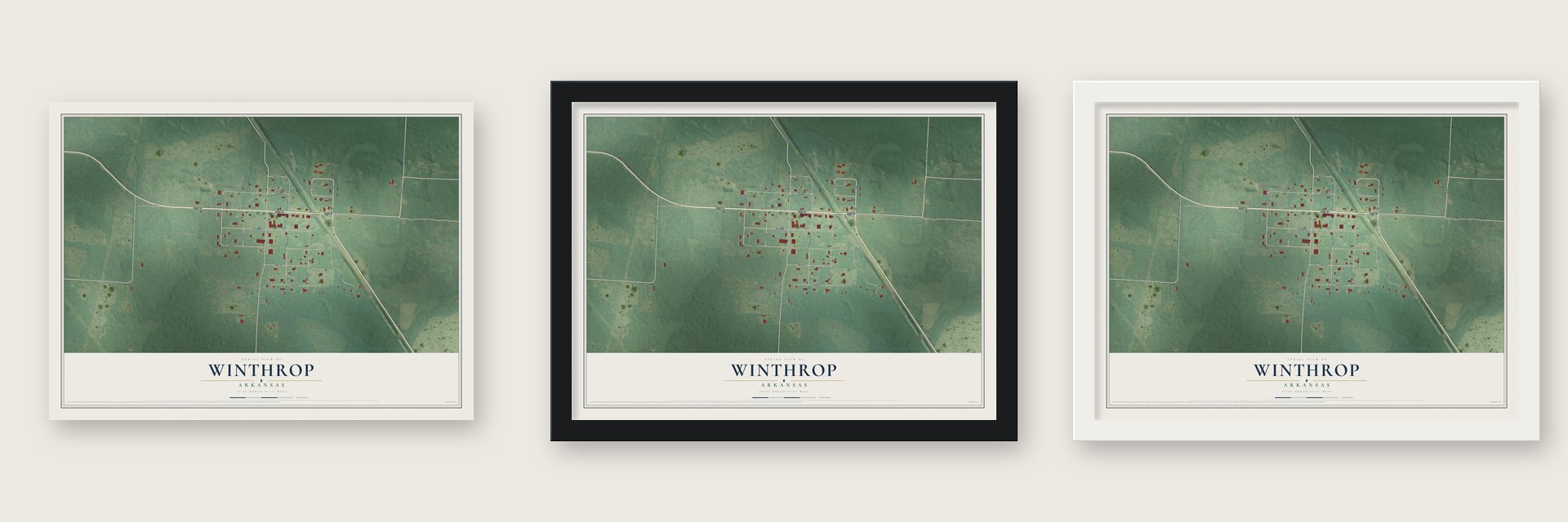 Winthrop, Arkansas map unframed, in a black wood frame and in a white wood frame
