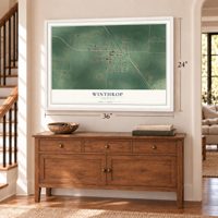 Winthrop, Arkansas map, 24 x 36 inch print in a white frame above a dresser by a staircase
