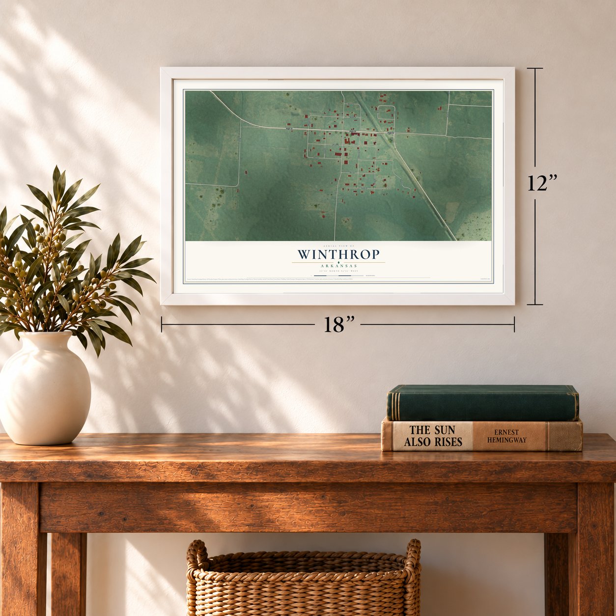 Winthrop, Arkansas map, 12 x 18 inch print in a white frame in an entryway