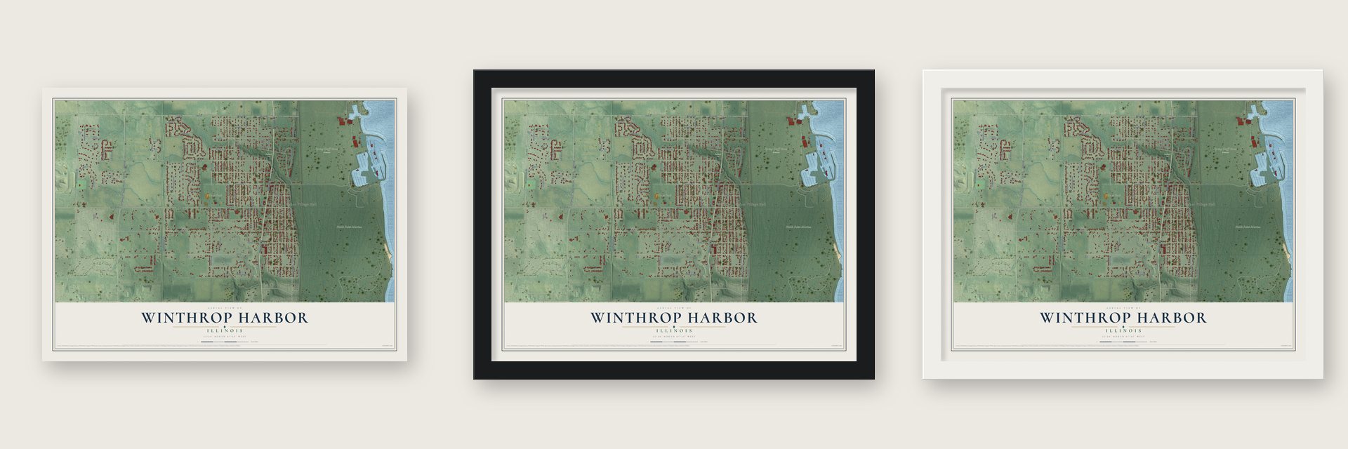 Winthrop Harbor, Illinois map unframed, in a black wood frame and in a white wood frame