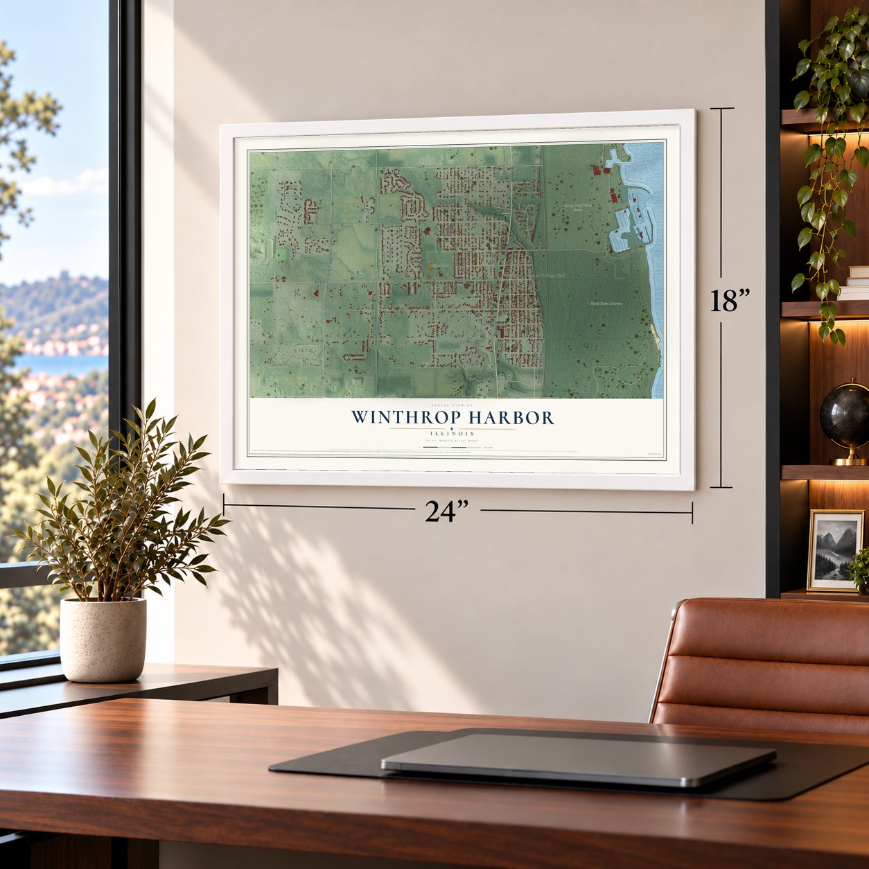 Winthrop Harbor, Illinois map, 18 x 24 inch print in a white frame in a home office
