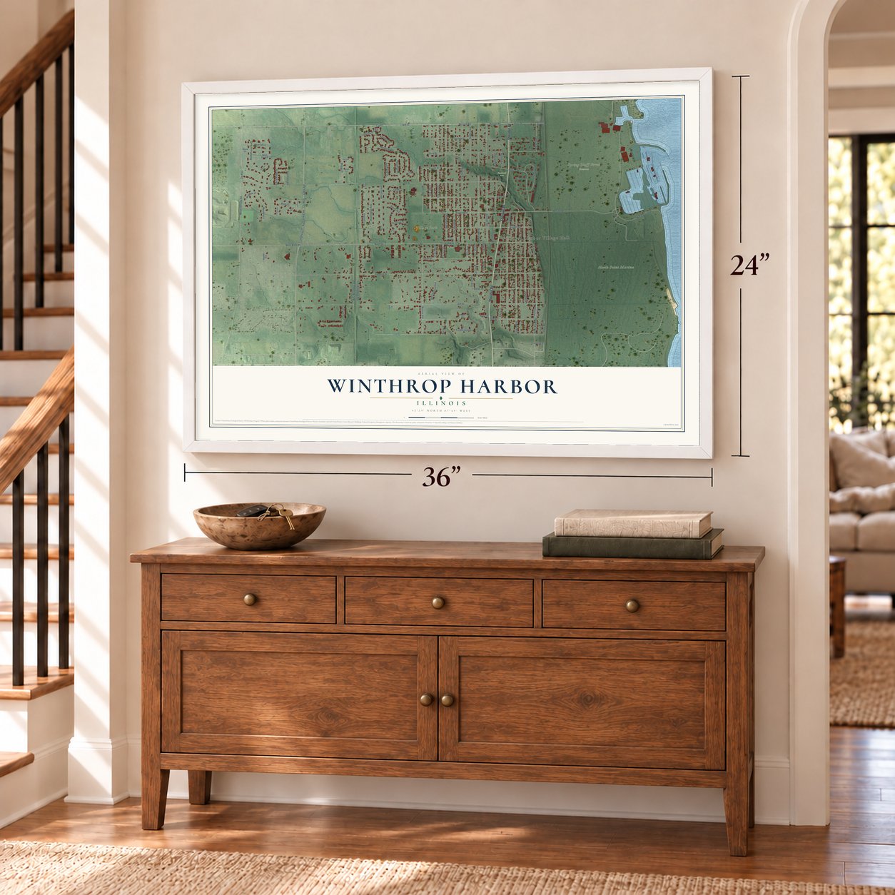 Winthrop Harbor, Illinois map, 24 x 36 inch print in a white frame above a dresser by a staircase