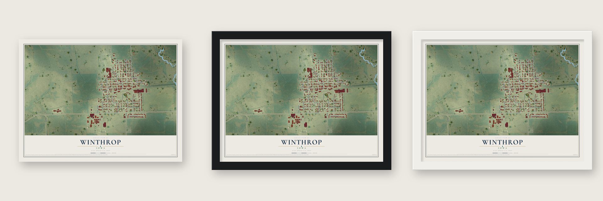 Winthrop, Iowa map unframed, in a black wood frame and in a white wood frame