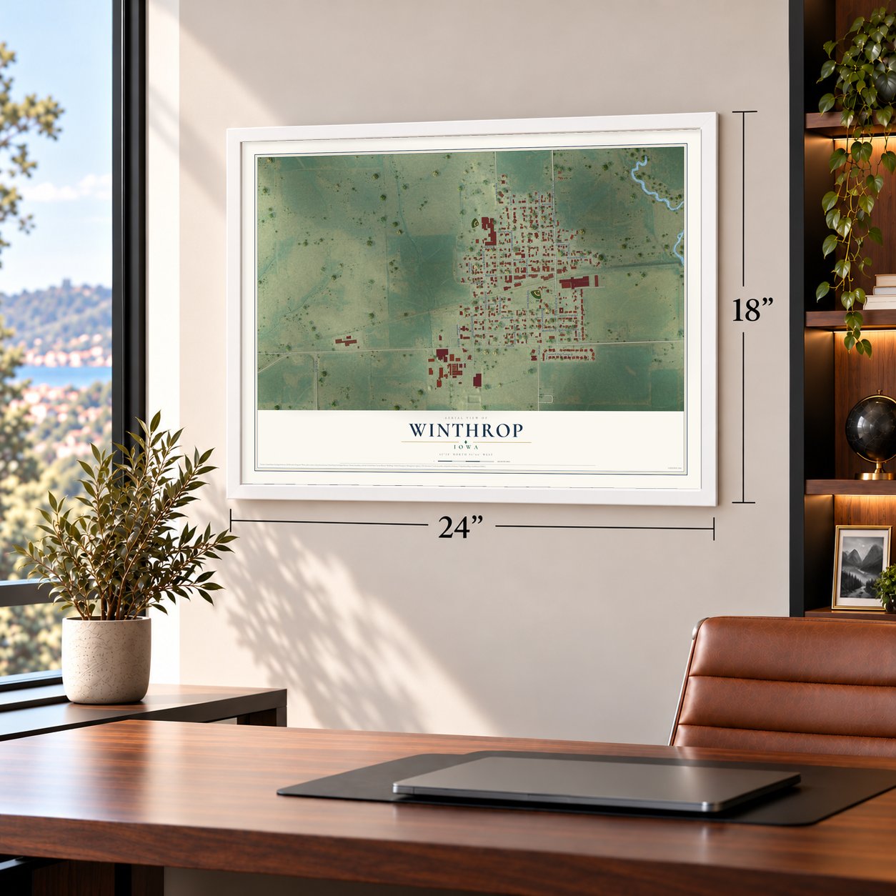 Winthrop, Iowa map, 18 x 24 inch print in a white frame in a home office