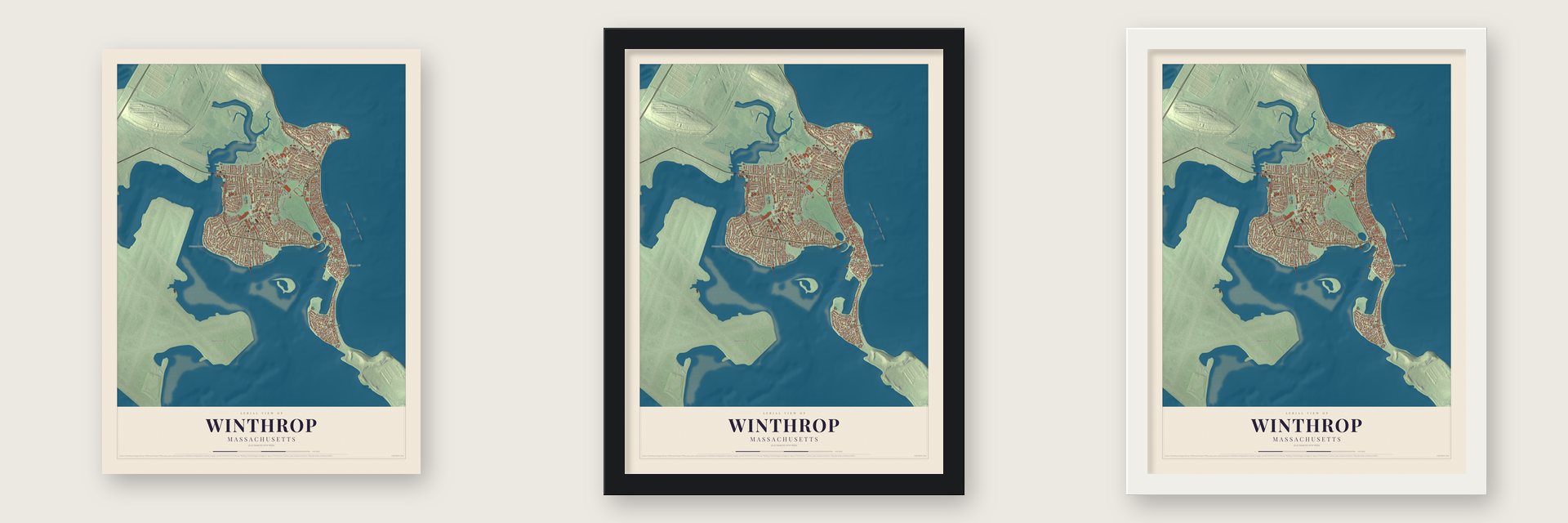 Winthrop, Massachusetts map unframed, in a black wood frame and in a white wood frame