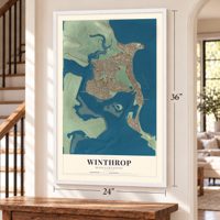 Winthrop, Massachusetts map, 24 x 36 inch print in a white frame by a staircase