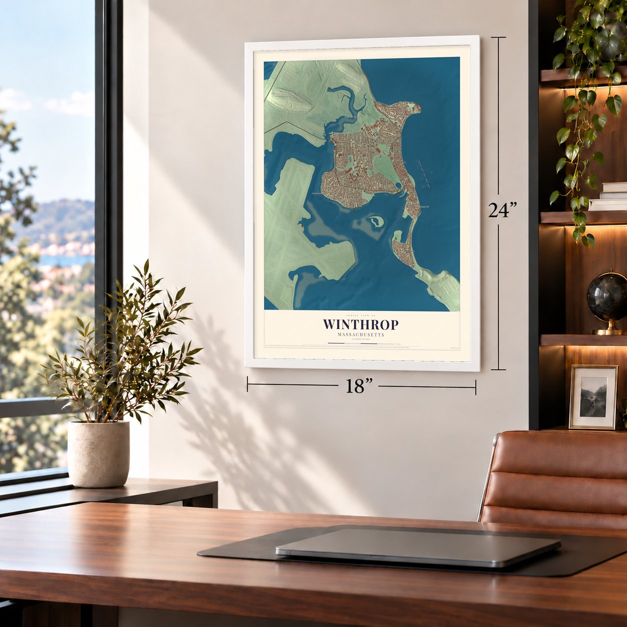 Winthrop, Massachusetts map, 18 x 24 inch print in a white frame in a home office