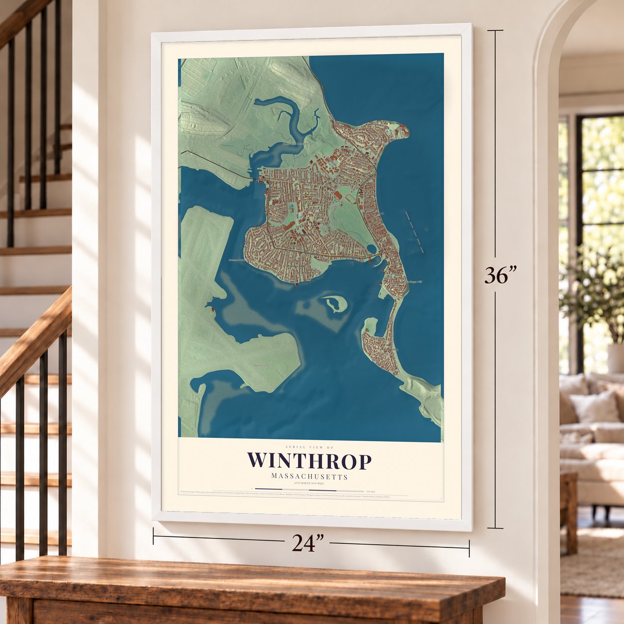 Winthrop, Massachusetts map, 24 x 36 inch print in a white frame by a staircase